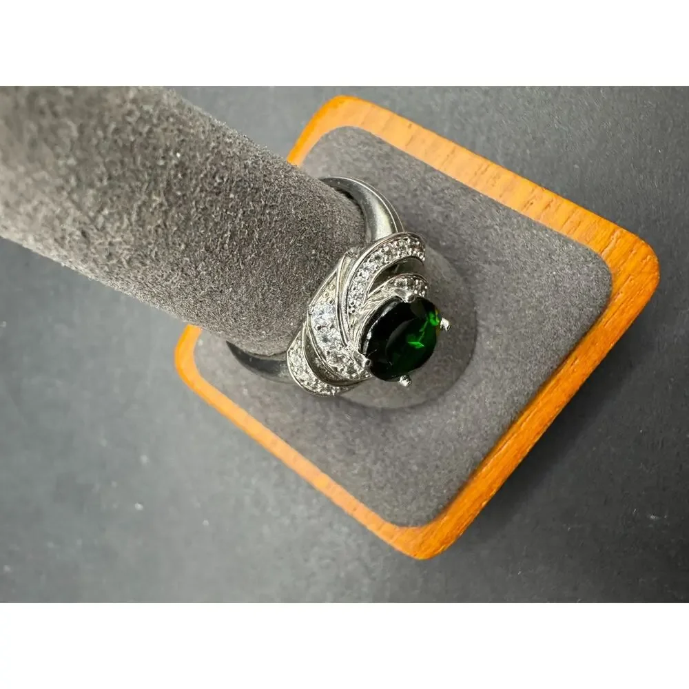 BYJ signed Sterling Silver 925 Oval Dark Green Cubic Zirconia Ring Sz 10
